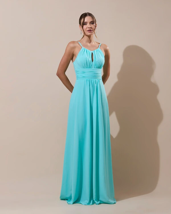 Vestido de Festa Longo Crepe Chiffon Drapeado com Alças e Saia Fluida Tiffany