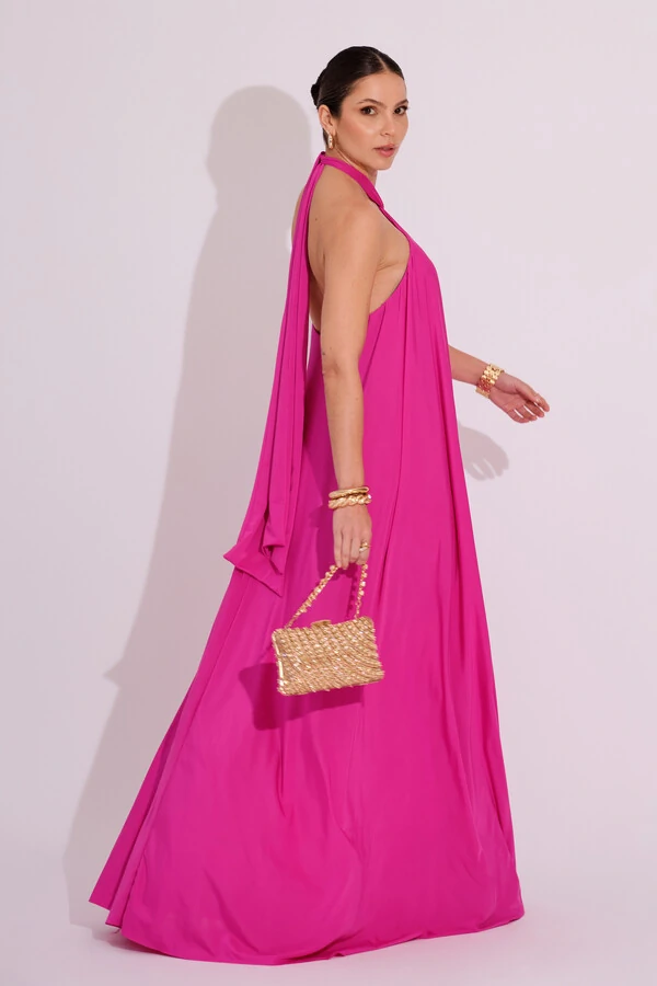 Vestido Longo com Amarração em Malha Pink
