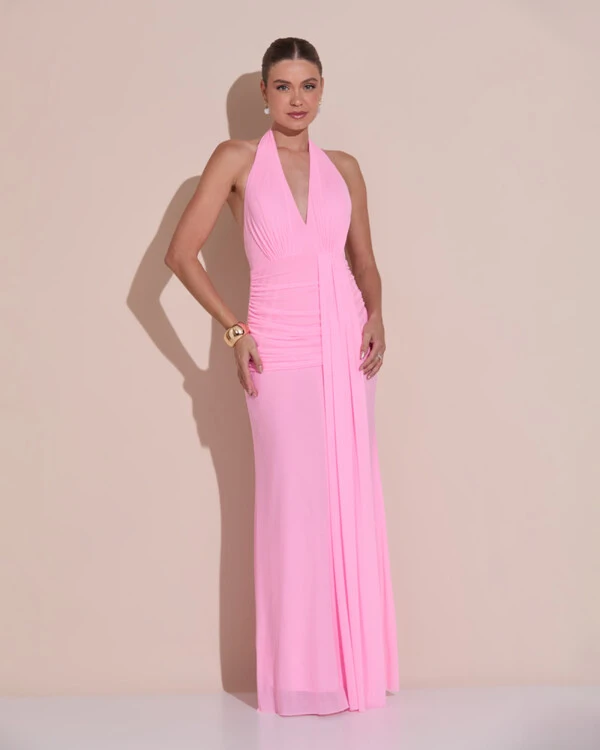Vestido de Festa Longo Frente Única Decote V Tule Drapeado Faixa Rosa Claro