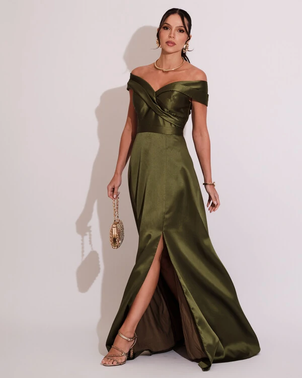 Vestido de Festa Longo Zibeline Ombro a Ombro com Fenda Verde Oliva