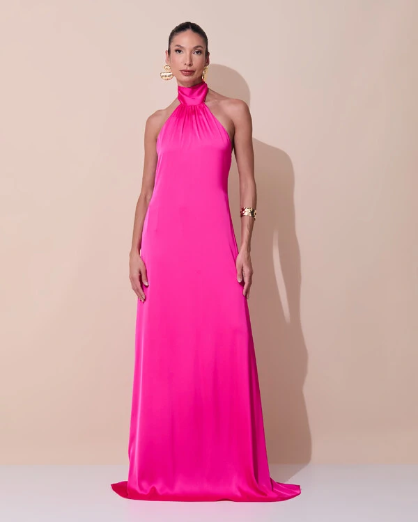 Vestido de Festa Gola Alta com Decote nas Costas Acetinado Pink