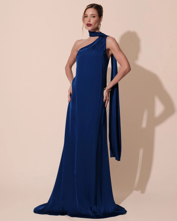 Vestido de Festa Longo Cetim Fluido Um Ombro Só Azul Royal New