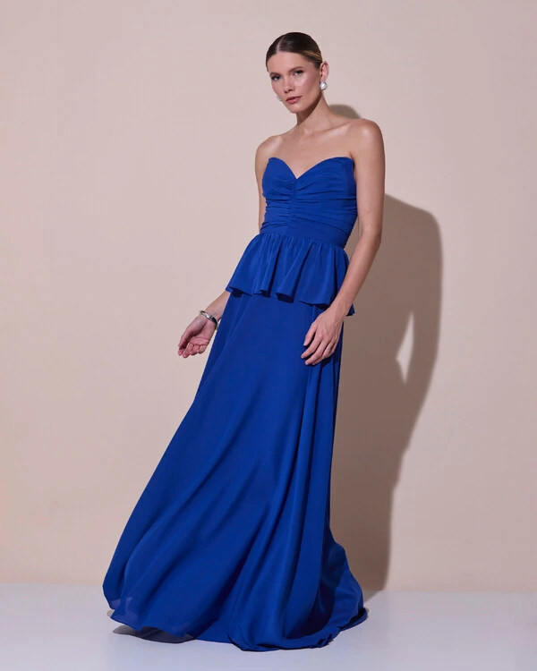 Vestido de Festa Longo Crepe Chiffon Tomara que Caia Peplum Drapeado Azul Royal