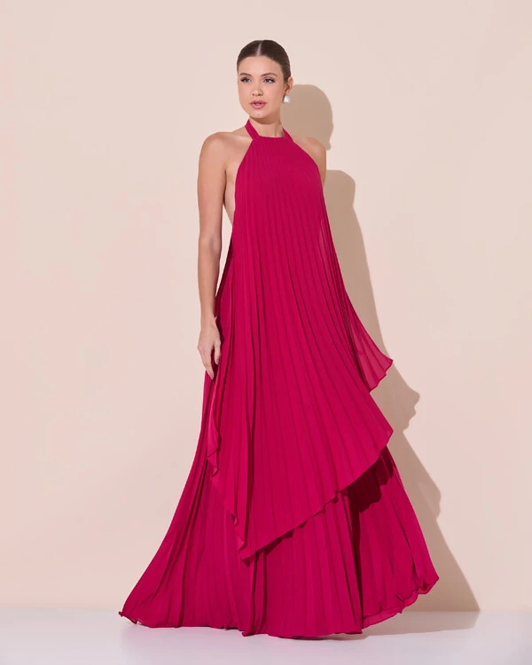 Vestidos de Festa Longo Chiffon Fluido Frente Única Plissado Duplo Cereja