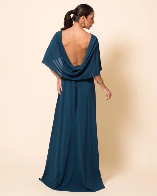 Vestido de Festa Longo Crepe Chiffon com Capa e Degagê nas Costas Verde Escuro