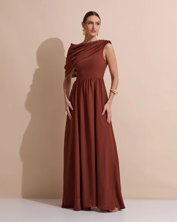 Vestido de Festa Longo Um Ombro Só Crepe Chiffon Capa Drapeado Marrom New