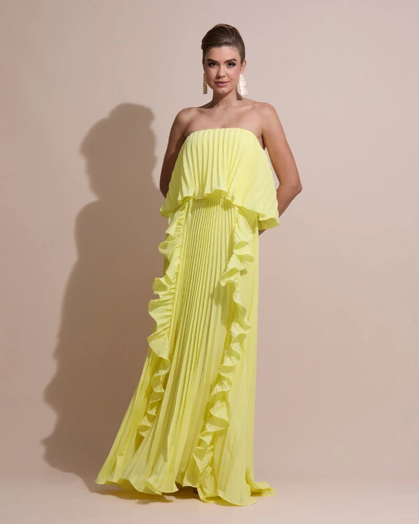 Vestido de Festa Longo Crepe Chiffon Tomara que Caia Plissado com Babado Cascata Amarelo Manteiga