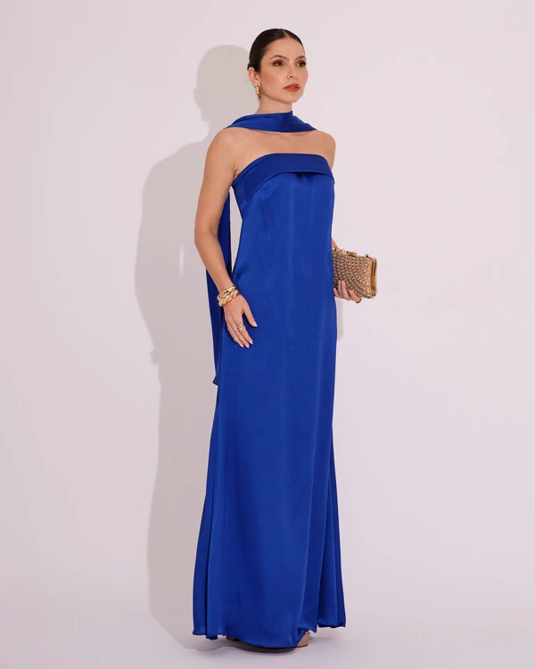 Vestido Longo de Festa Tomara que Caia Cetim com Lenço Azul Royal