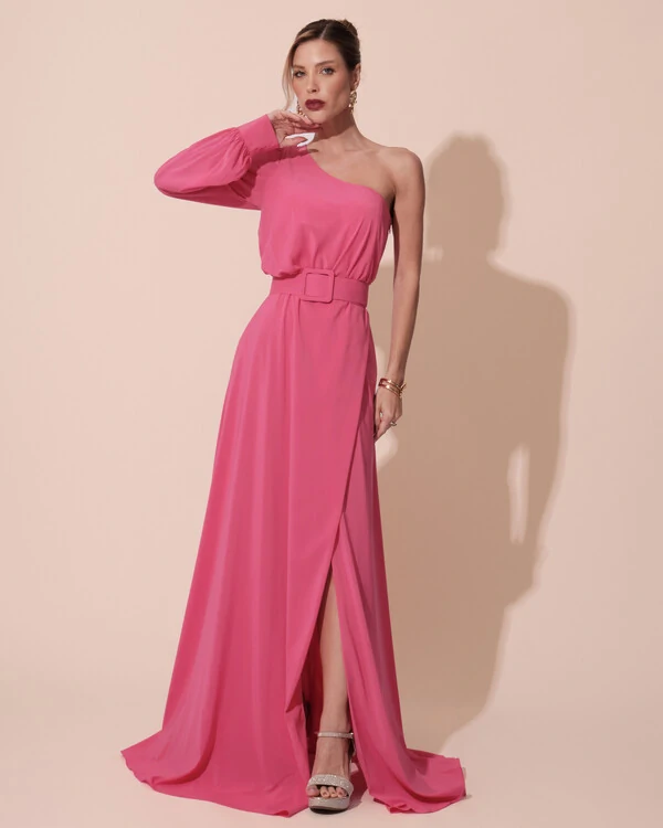 Vestido de Festa Longo um Ombro Só Manga Longa com Cinto Pink New