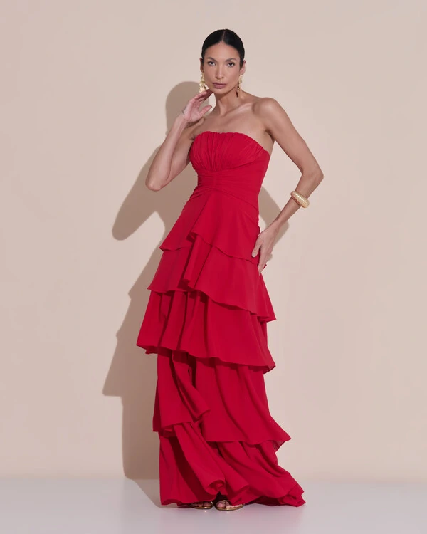 Vestido de Festa Longo Tomara que Caia Drapeado Crepe Chiffon Babados Camadas Vermelho