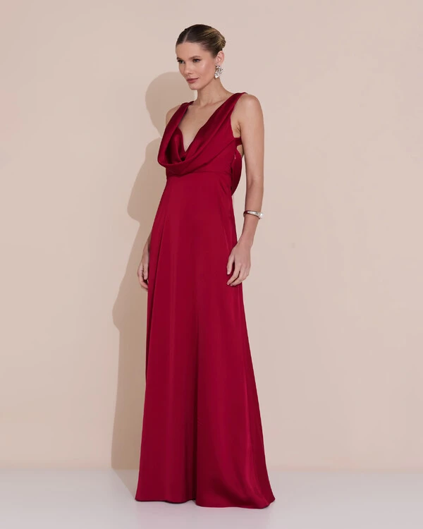 Vestido de Festa Longo Cetim Fluido Degagê Marsala