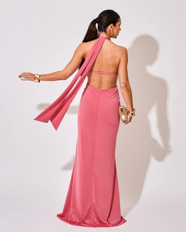 Vestido de Festa Longo Malha Jersey Gola Alta Saia Sereia Rosa