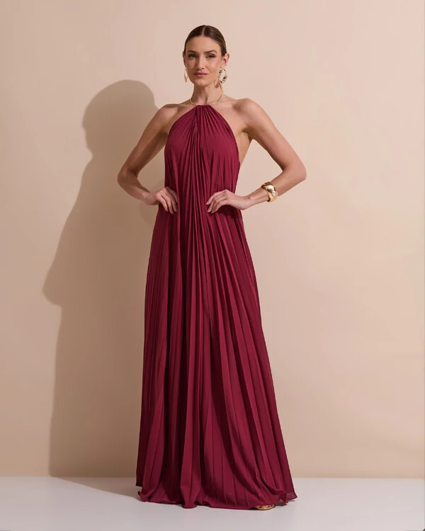 Vestido de Festa Longo Frente Única Plissado Crepe Chiffon Argola Marsala New
