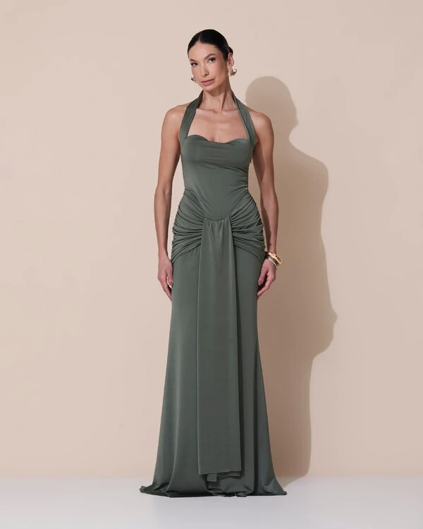 Vestido de Festa Longo Decote Coração Malha Jersey Drapeado Costas Trançada Verde Oliva