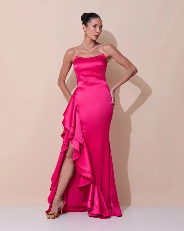 Vestido de Festa Longo Tomara que Caia Cetim Babado Fenda Pink