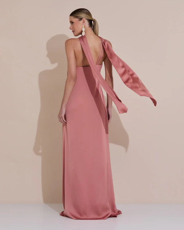Vestido de Festa Longo em Cetim Fluido um Ombro Só com Lenço Rosa Blush