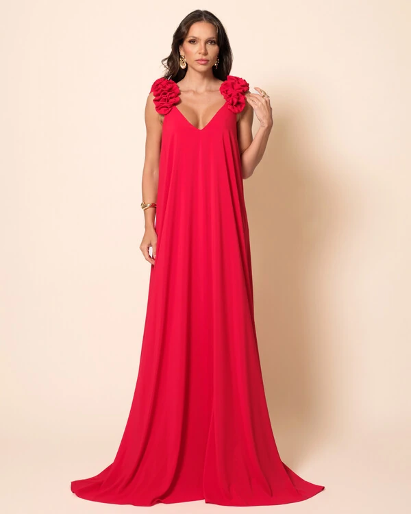 Vestido de Festa Longo Crepe Chiffon Fluido Decote em V Flores Vermelho