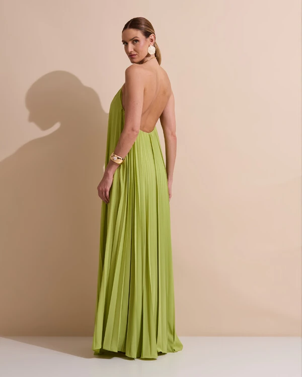 Vestido de Festa Longo Frente Única Plissado Crepe Chiffon Argola Verde Garden