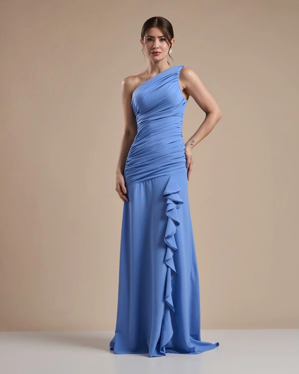 Vestido de Festa Longo Crepe Chiffon Um Ombro Só Drapeado com Babado Cascata Azul Atlantis