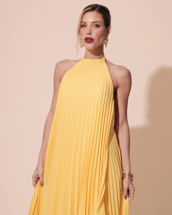 Vestidos de Festa Longo Chiffon Fluido Frente Única Plissado Duplo Amarelo