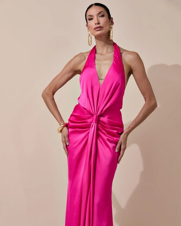 Vestido de Festa Longo Frente Única Decote V Cetim Drapeado Faixa Pink