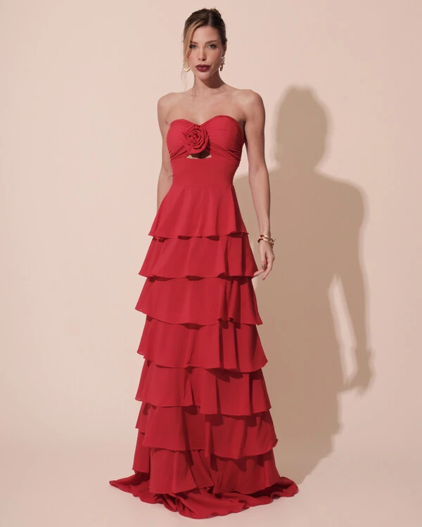 Vestido Longo Crepe Chiffon Tomara que Caia Plissado em Camadas Vermelho