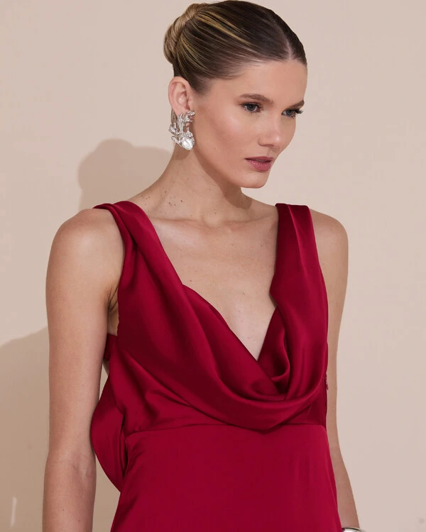 Vestido de Festa Longo Cetim Fluido Degagê Marsala