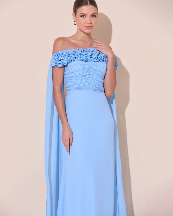 Vestido de Festa Longo Ombro a Ombro Plissado Crepe Chiffon Capa Flor 3D Serenity