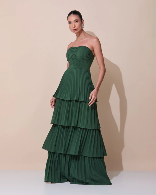 Vestido de Festa Longo Tomara que Caia Crepe Chiffon Plissado Camadas Verde Escuro New
