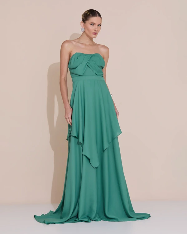 Vestido de Festa Longo Tomara que Caia Crepe Chiffon Drapeado Camadas Verde Matcha Escuro