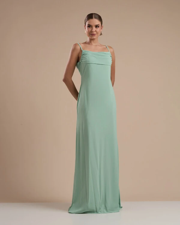 Vestido de Festa Longo Crepe Chiffon Costas Lenço Cauda Verde Menta