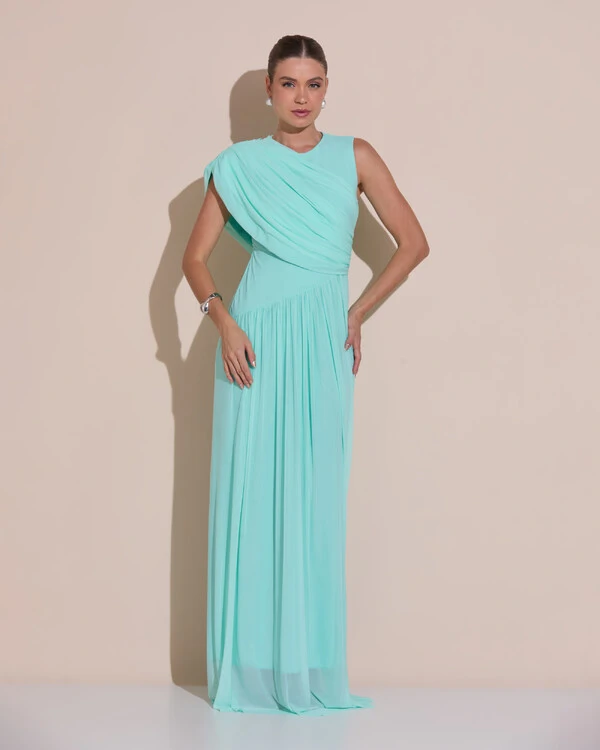 Vestido de Festa Longo Capa Drapeado Tule Saia Fluida Tiffany