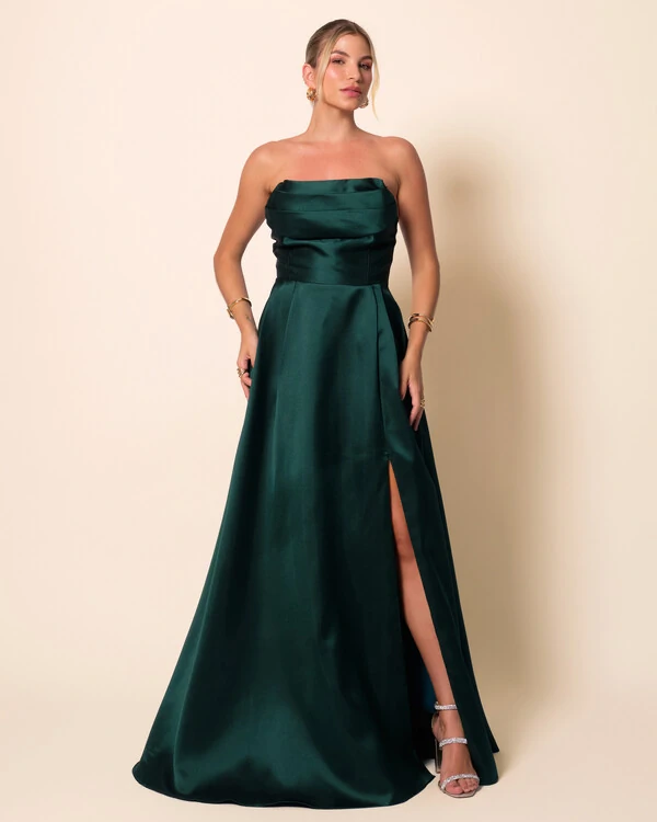 Vestido de Festa Longo Tomara que Caia Trançado Costa em Zibeline Verde Escuro