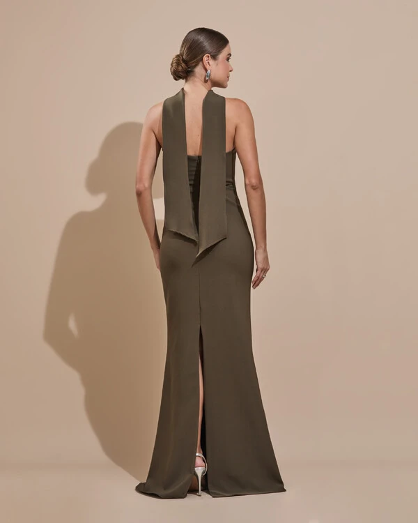 Vestido de Festa Longo Alfaiataria Tomara que Caia Saia Sereia com Lenço Verde Oliva