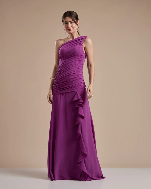 Vestido de Festa Longo Crepe Chiffon Um Ombro Só Drapeado com Babado Cascata Fúcsia