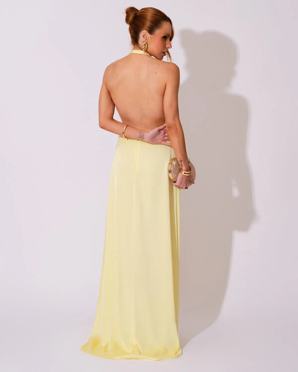 Vestido de Festa Longo Frente Única Degagê Cetim Fluido Amarelo Manteiga