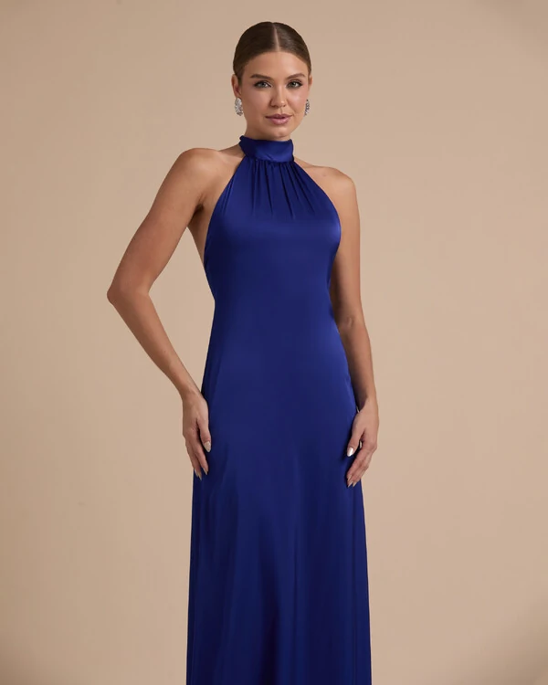 Vestido de Festa Gola Alta com Decote nas Costas Acetinado Azul Royal New