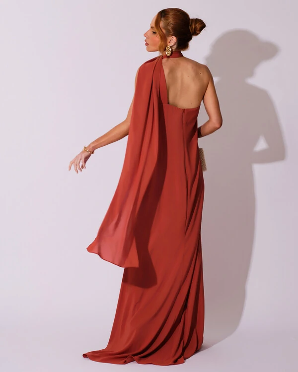 Vestido de Festa Longo Crepe Chiffon Um Ombro Só Drapeado Terracota