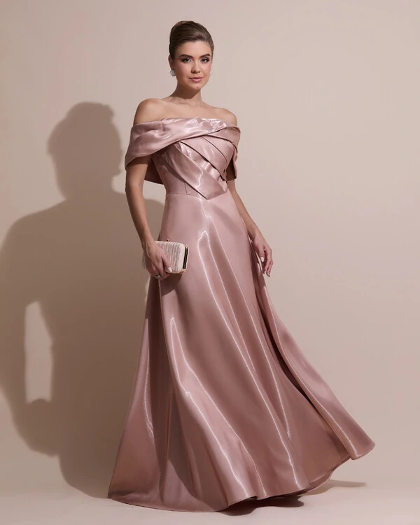 Vestido de Festa Longo Cetim Cristal Ombro a Ombro Drapeado Mocha Mousse