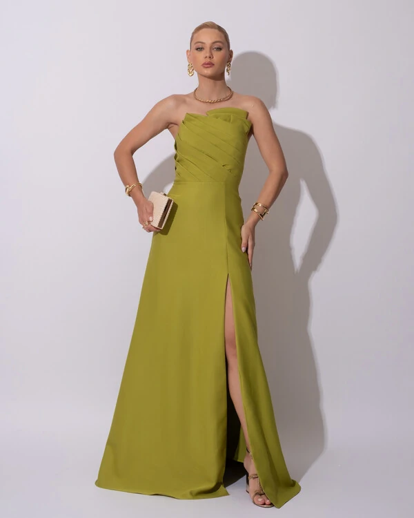 Vestido de Festa Longo Alfaiataria Tomara que Caia com Fenda Detalhe Verde Pistache