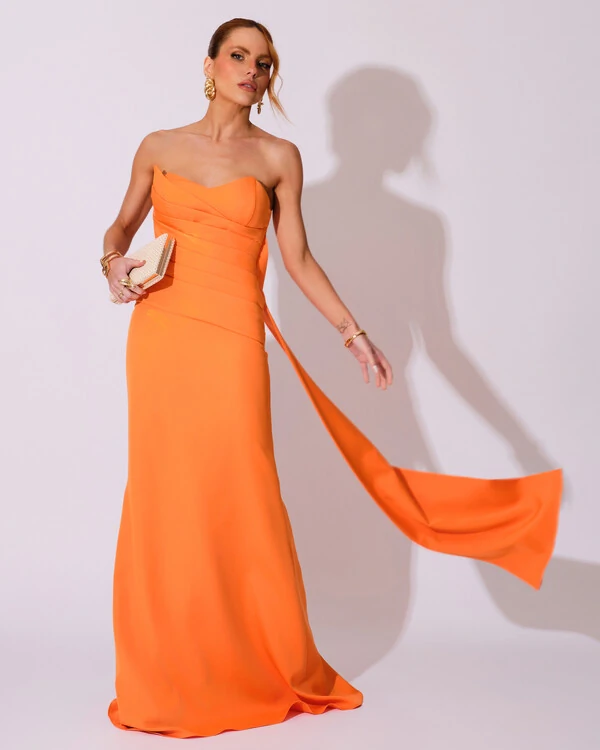 Vestido de Festa Longo Alfaiataria Tomara que Caia Drapeado Faixa Laranja