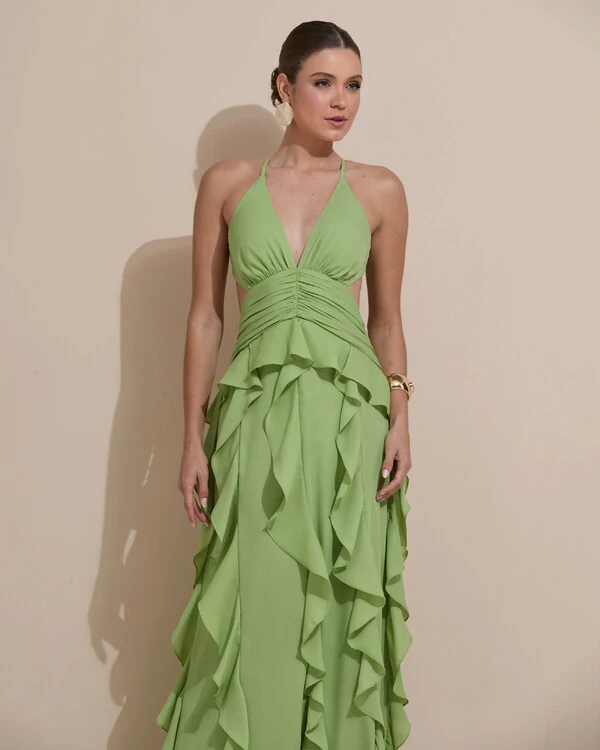 Vestido de Festa Longo Decote V Recortes Drapeado Crepe Chiffon Babados Cascata Verde Garden