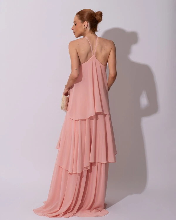 Vestido Longo Crepe Chiffon Babado em Camadas Rose Gold