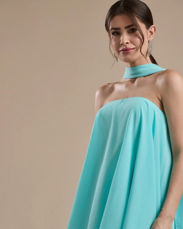 Vestido de Festa Longo Chiffon Crepe em Camadas com Lenço Tiffany