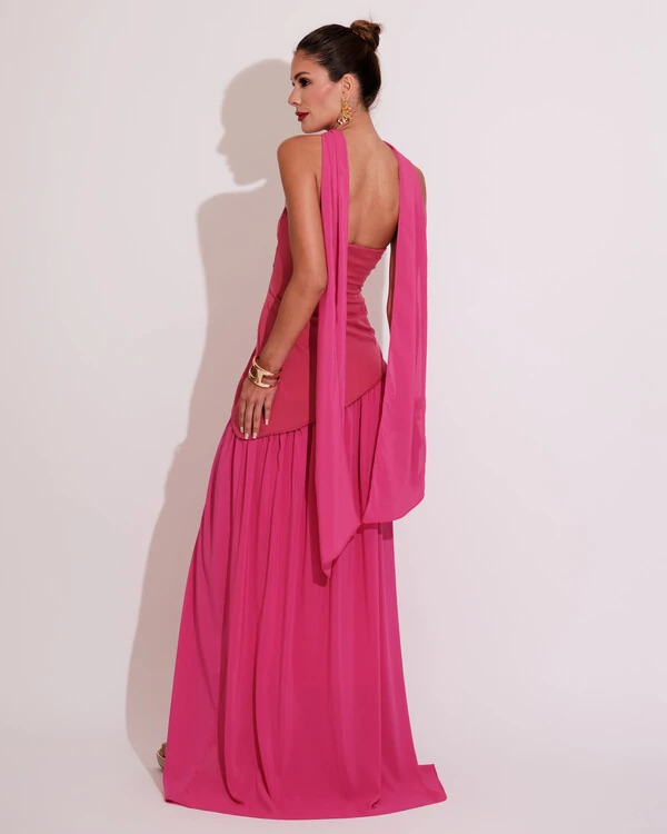 Vestido de Festa Longo Tomara que Caia Alfaiataria e Saia Crepe Chiffon e Lenço Pink