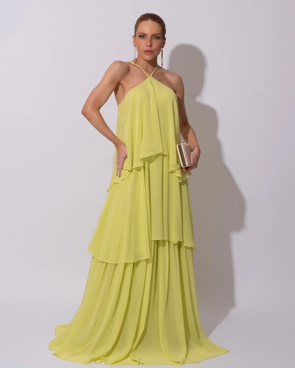 Vestido Longo Crepe Chiffon Babado em Camadas Verde Lima