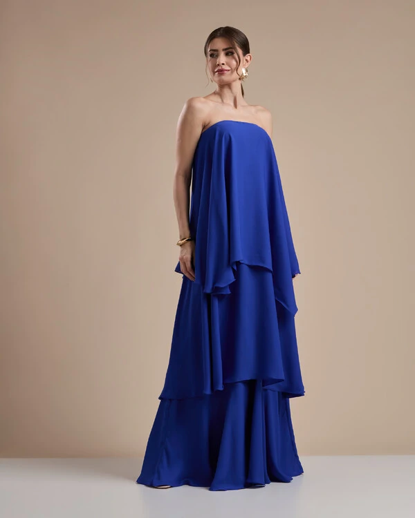Vestido de Festa Longo Chiffon Crepe em Camadas com Lenço Azul Royal