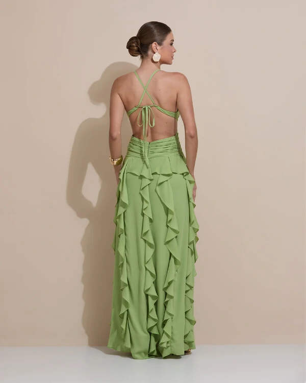 Vestido de Festa Longo Decote V Recortes Drapeado Crepe Chiffon Babados Cascata Verde Garden