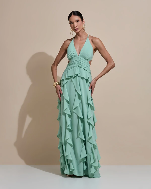 Vestido de Festa Longo Decote V Recortes Drapeado Crepe Chiffon Babados Cascata Verde Menta