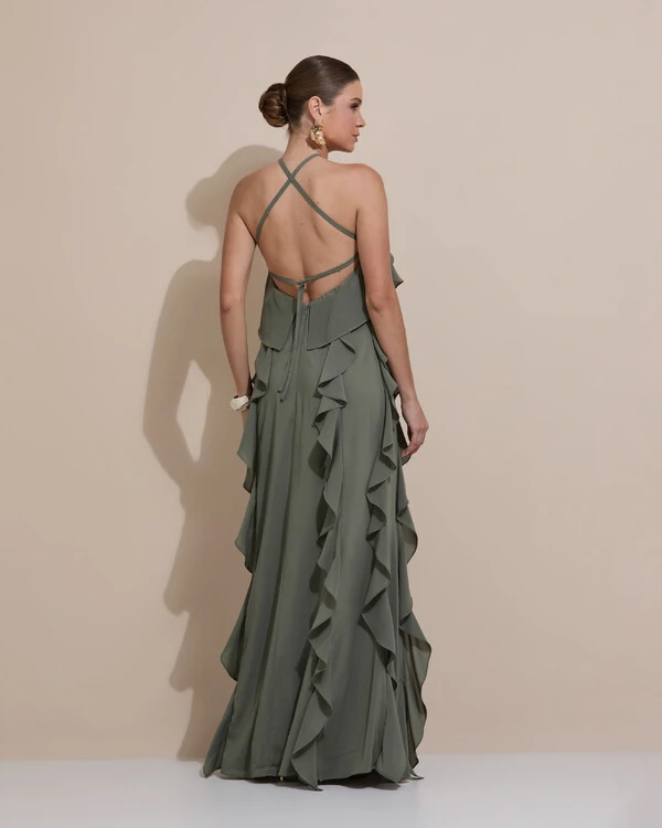 Vestido de Festa Longo Crepe Chiffon Frente Única Babados Cascata e Flor Verde Oliva